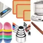 Image shows a collage of six different baking tools.