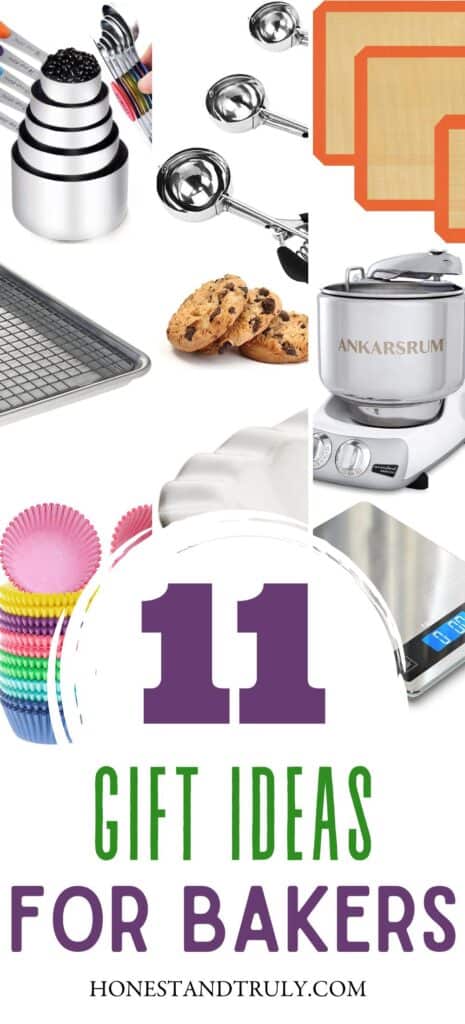 Image shows a collage of baking items with the text 11 gifts for bakers.