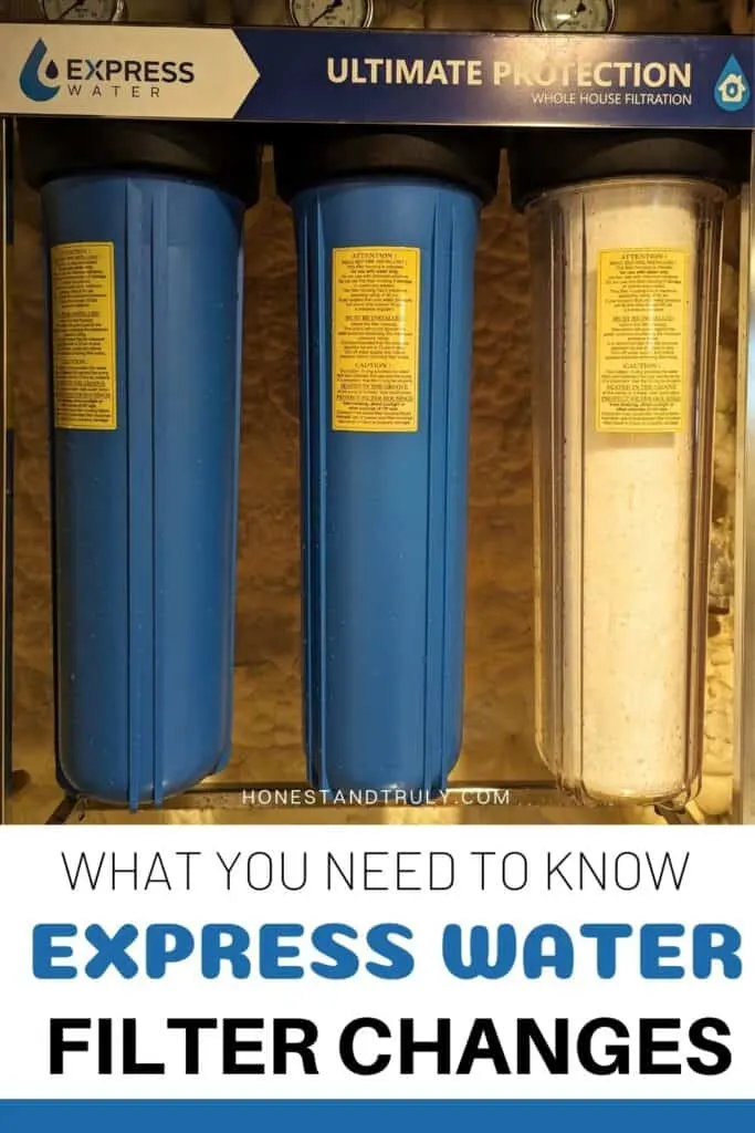 Image shows Whole house filter with text what you need to know express water filter changes.