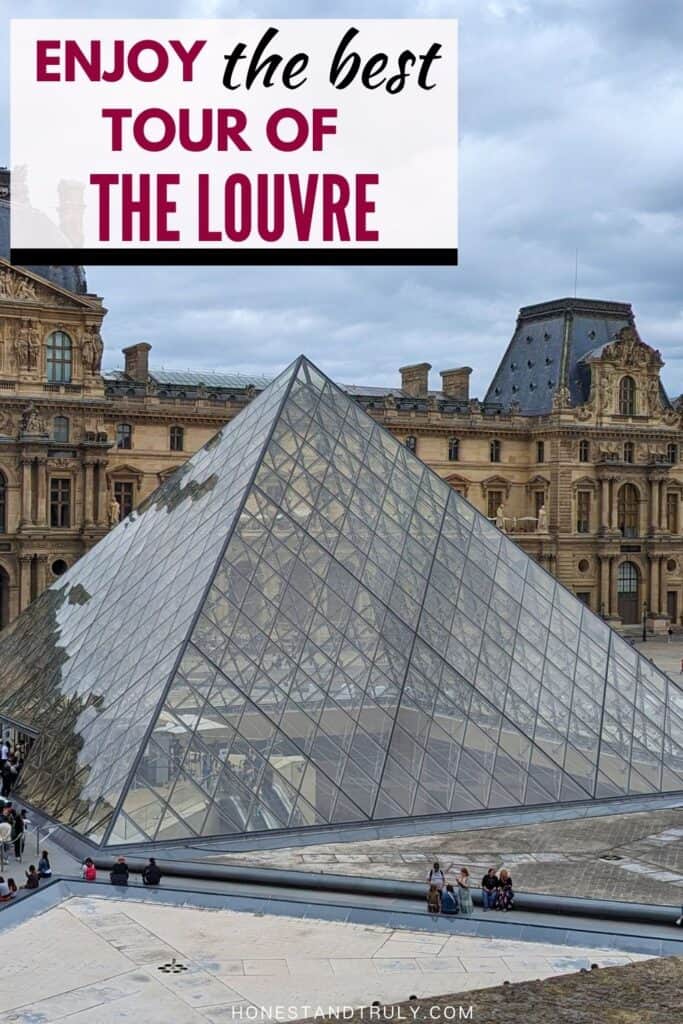 Image shows the Entrance to Louvre with text book the best tour of the Louvre.