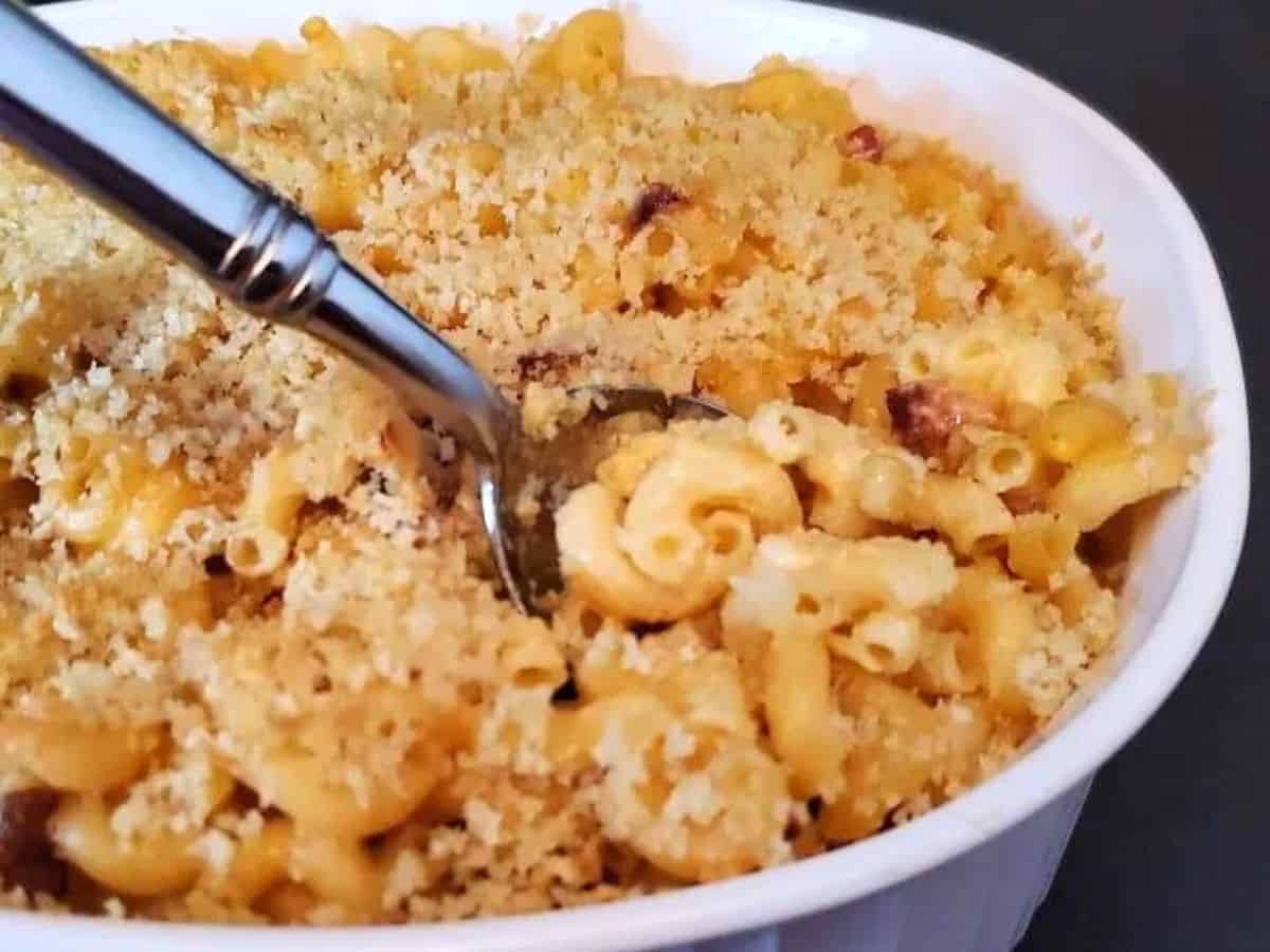 Grown up mac and cheese in a casserole dish.