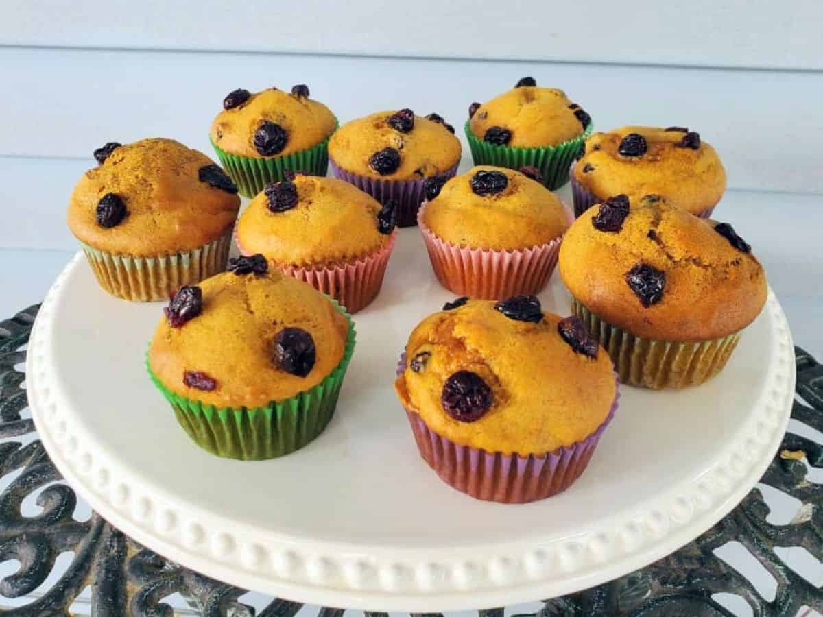 Pumpkin cranberry muffin held in front of more muffins.