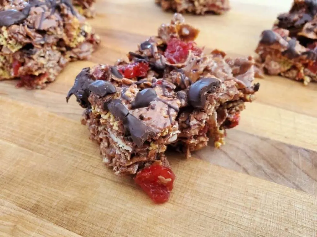 Image shows delicious double chocolate cherry cereal bars.