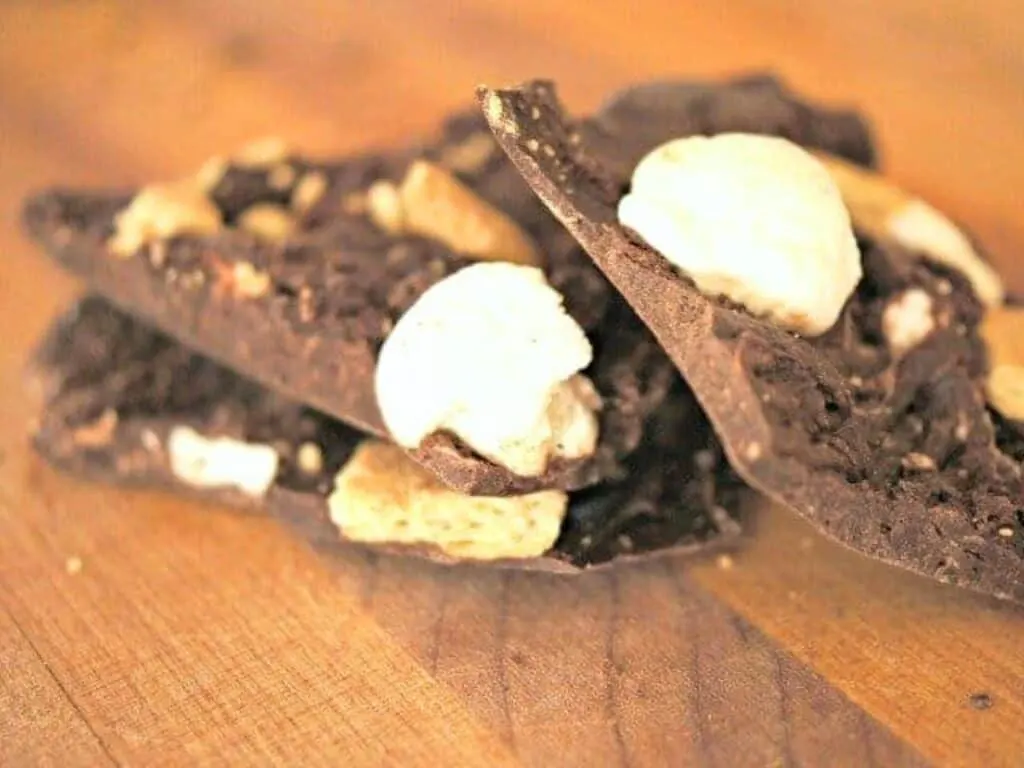 Image shows delicious smores bark recipe.