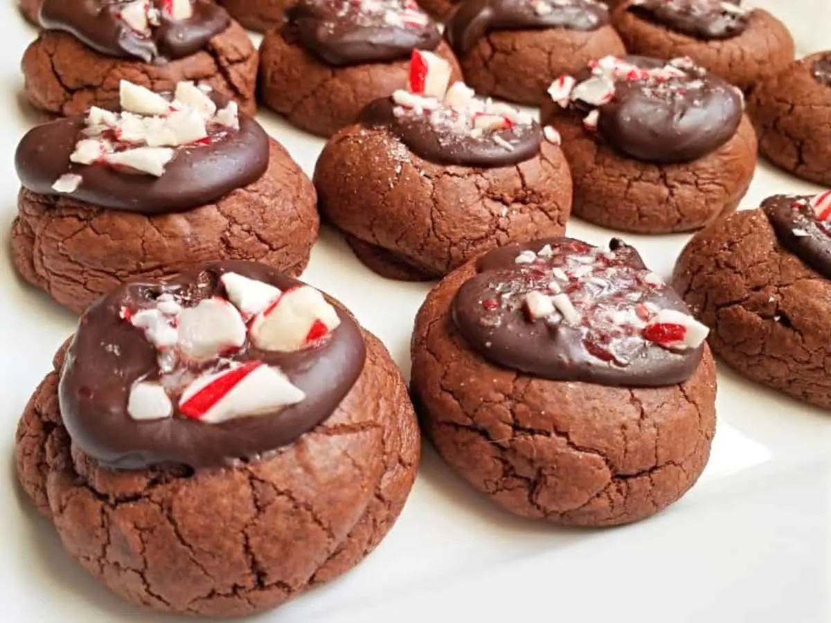 Image shows a white tray with Peppermint Chocolate Cookies sitting in rows.