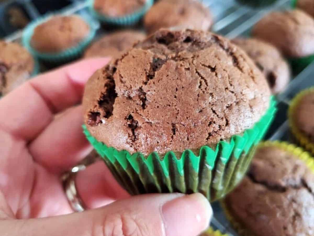 Image shows a hand holding a Double Chocolate Zucchini Muffin with more in the background.