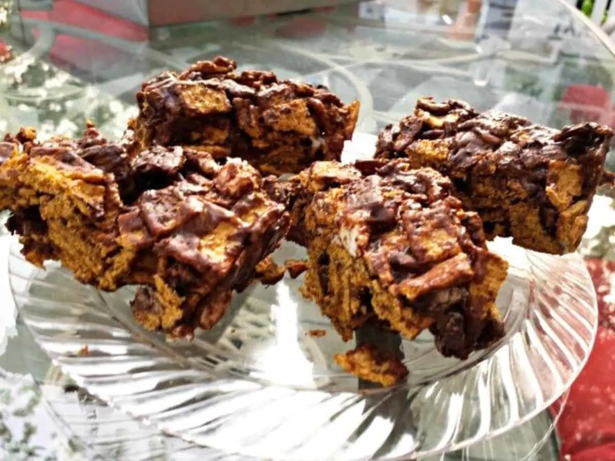 Image shows a Smores cereal bar on a white plate close up.