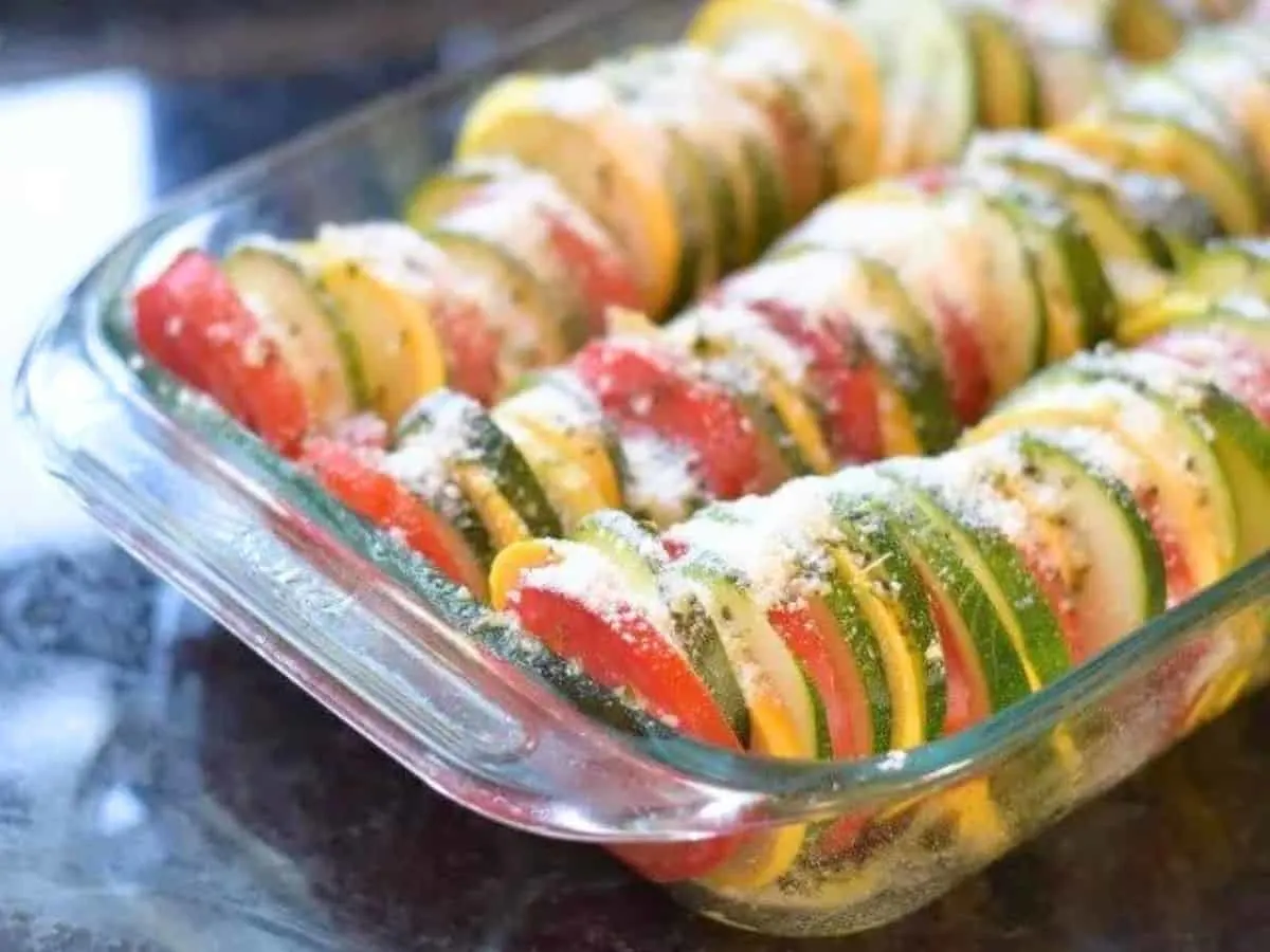 Italian ratatouille in a glass casserole dish.