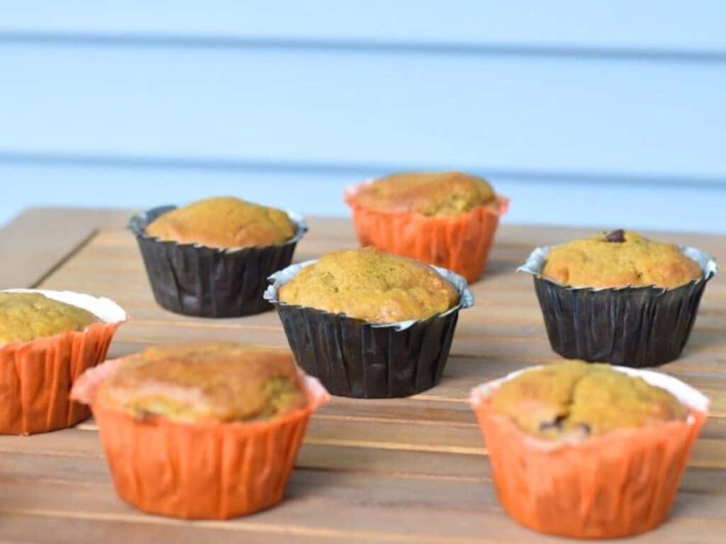 Image shows chocolate chips pumpkin muffins recipe.