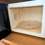 Image shows a Filthy microwave with the door open.