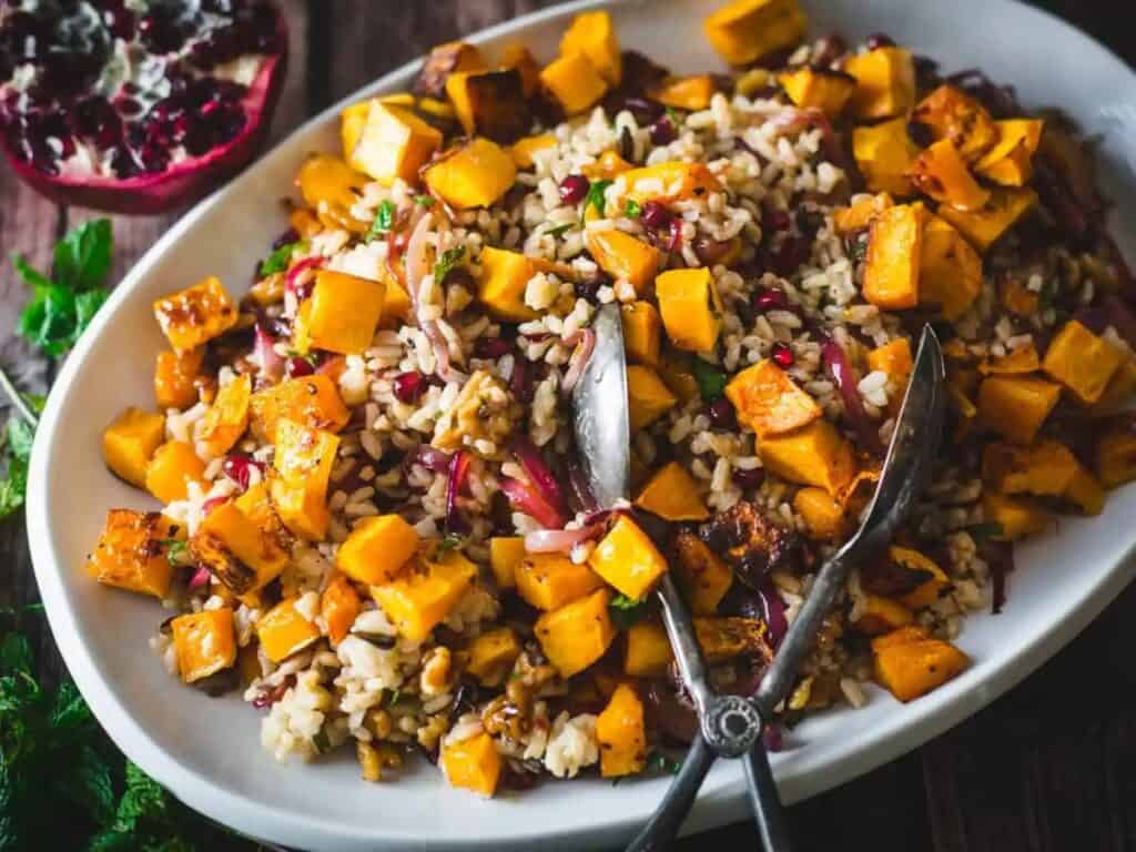 Image shows delicious butternut squash wild rice pilaf.