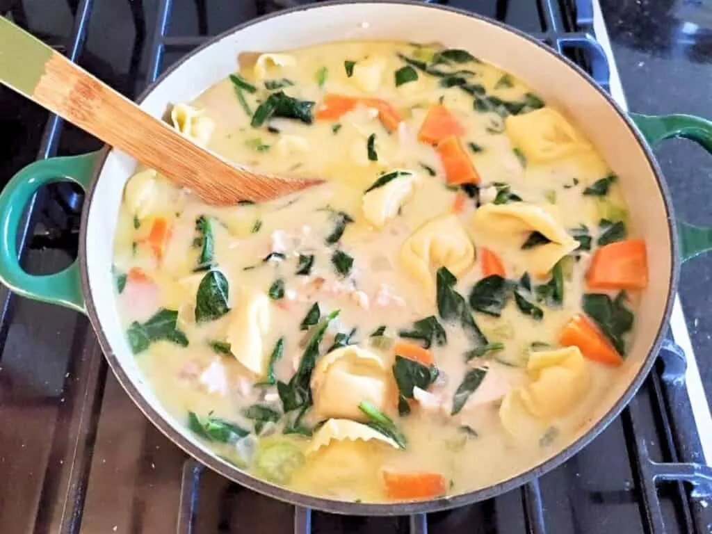 Image shows delicious chicken tortellini soup in a pot.