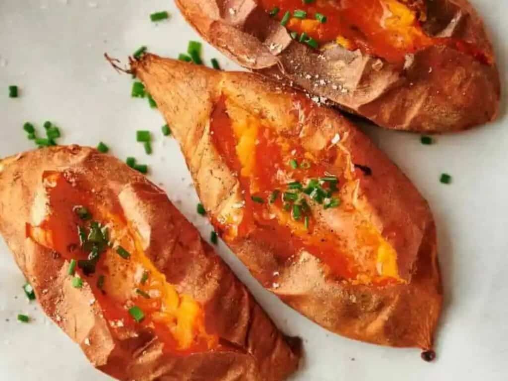 Image shows easy to make baked sweet potato.