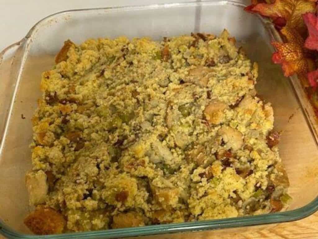 Image shows homemade cornbread stuffing recipe.