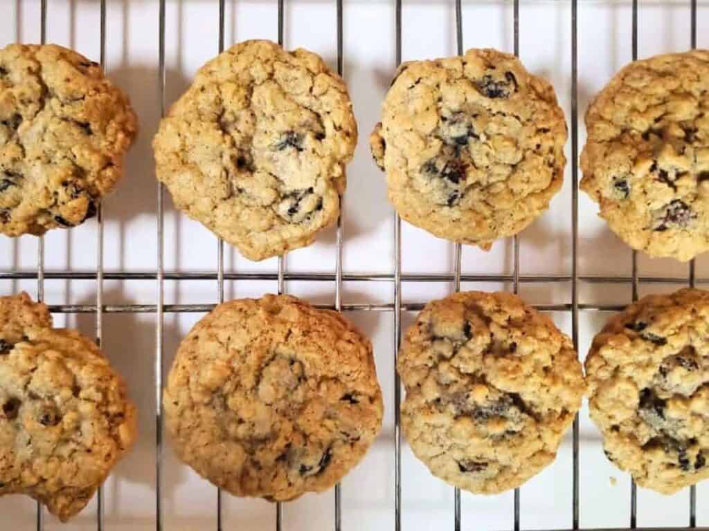 Image shows yummy oatmeal cranberry cookies cooling on a wire rack.