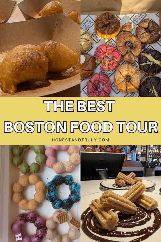 Image shows a collage of  four kinds of donuts with the text the best Boston food tour.