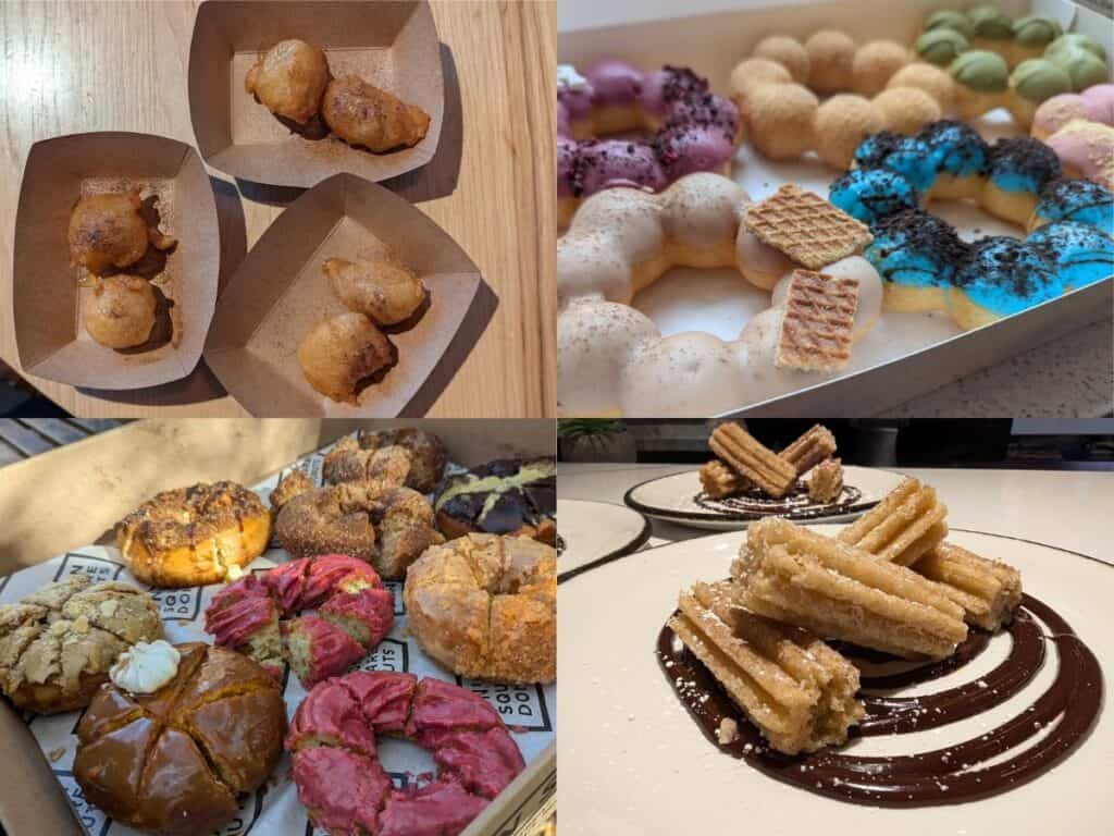 Image shows a collage of four different styles of donut.