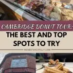 Image shows a collage of donuts and storefront with the text Cambridge donut tour the best and top spots to try.