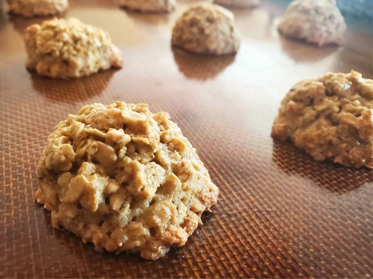 Image shows easy to make Rudolph's oat treat cookie with more at the back.