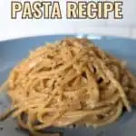 Image shows lemon butter pasta on a plate with text.