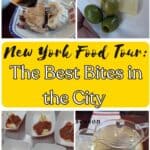 Image shows a collage of four different food tastings and the text New York Food Tour the Best Bites in the city.