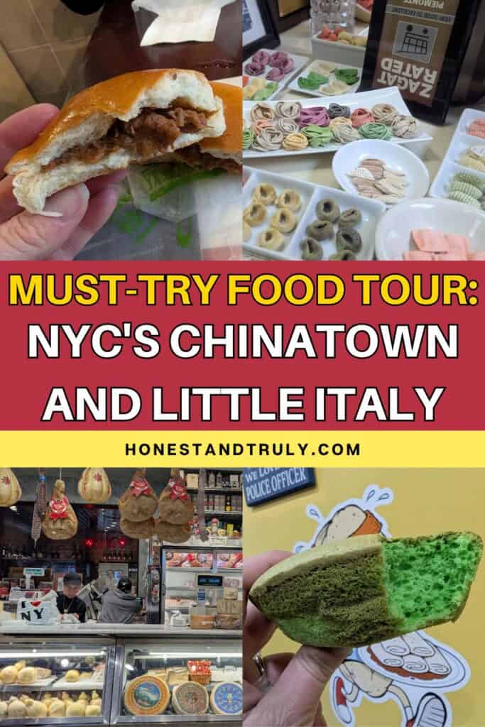 Image shows a collage of four images from a New York City food tour with the text must try food tour NYC's Chinatown and Little Italy.